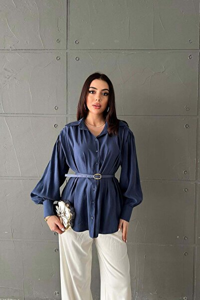 Moda Days قميص نسائي مودال باللون الأزرق الداكن مع أزرار وأكمام بالونية وأكما...