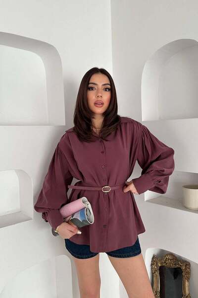 Moda Days قميص نسائي من مودال بلون البرقوق بأكمام طويلة وأزرار وحزام وأكمام ب...