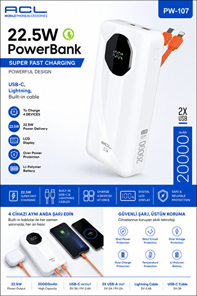 ACL PW-107 20000 mAh 22.5W Hızlı Şarj Powerbank | Dahili USB-C & Lightning Ka...