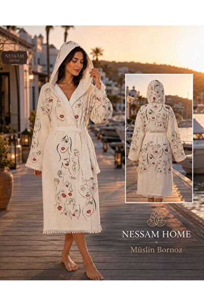 Nessam NESSAMHome %100 Pamuk Müslin Kapüşonlü Sanat Kadın Desenli Plaj Bornoz...