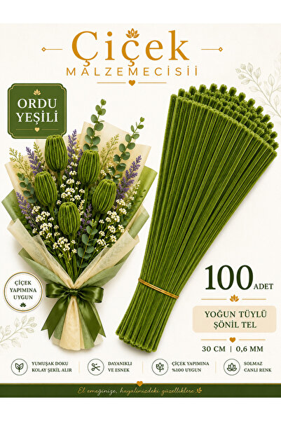 KLC Çiçek Malzemecisii 100 Adet Ordu Yeşili Şönil Tel 30 cm 6 mm Yoğun Tüylü ...