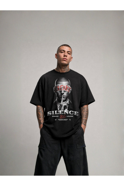 Erkek Siyah Grafik Baskılı Oversize T-shirt
