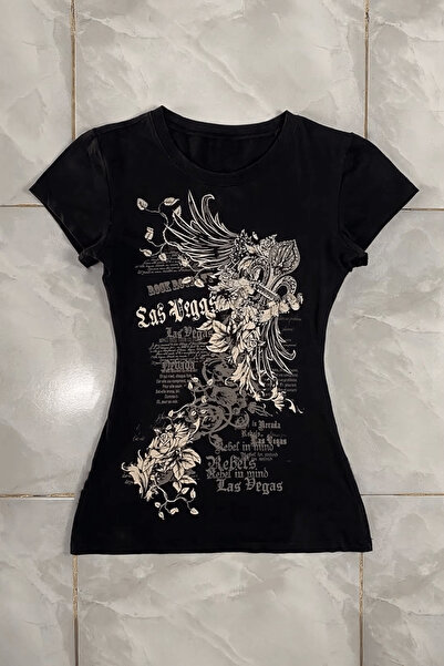 Pop Giyim Flowers Las Vegas Black Y2K Short Sleeve Blouse