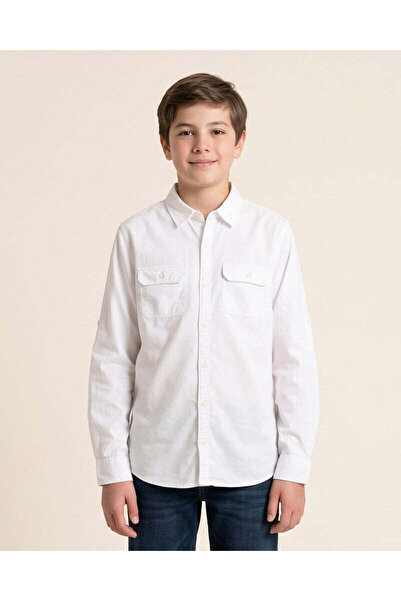 REDTAG Senior Boys White Plain Two Pocket Flap Shirt