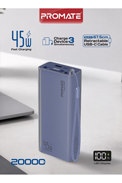 Promate 20000mAh Power Bank with 45W USB-C PD Fast Charging, Retractable USB-...