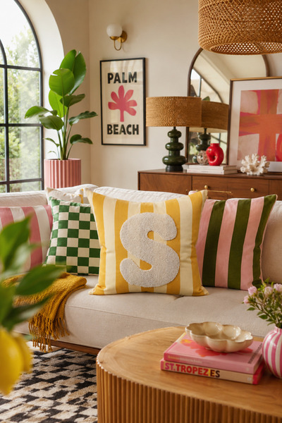 Pilloveland Punch Embroidered Throw Pillow Cover - 43*43 cm - Yellow Letter S...