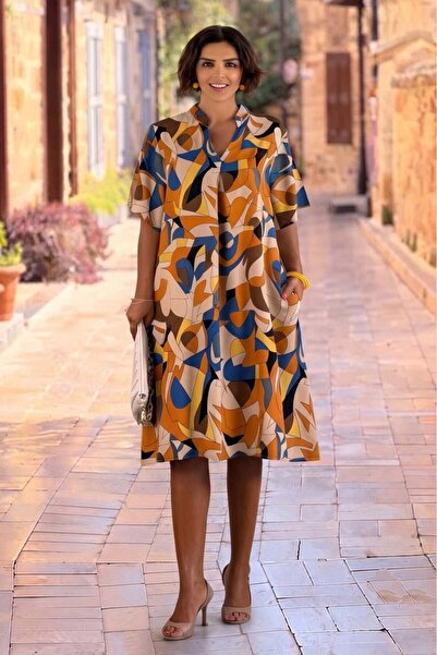 Nevin Kaya Moda V2-Brown Picasso Patterned Dress