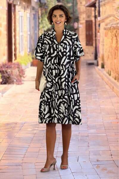 Nevin Kaya Moda V2-Black Brush Patterned Dress