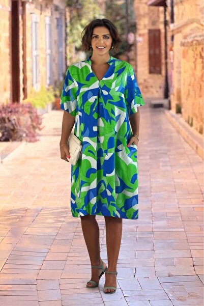 Nevin Kaya Moda V2-Green Picasso Patterned Dress