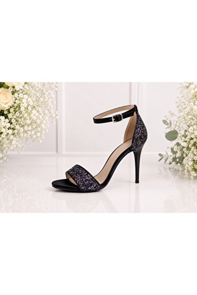 OEM Sanda fashion cu sclipici multicolor pe fond negru, cu toc cui