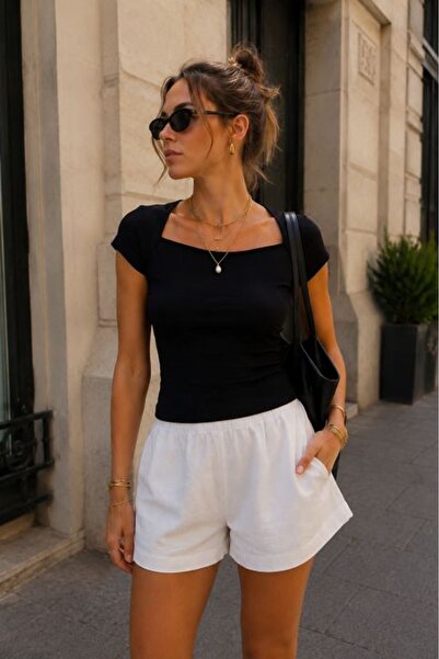 Moda Days Women's Black Ribbed Square Neck Short Sleeve Robe Tight Fit Casual...