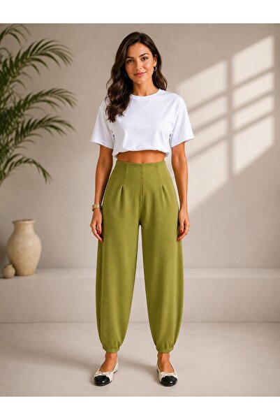 MevaMoss Pantaloni tip balon din țesătură crep verde ulei, model shalwar, cu ...
