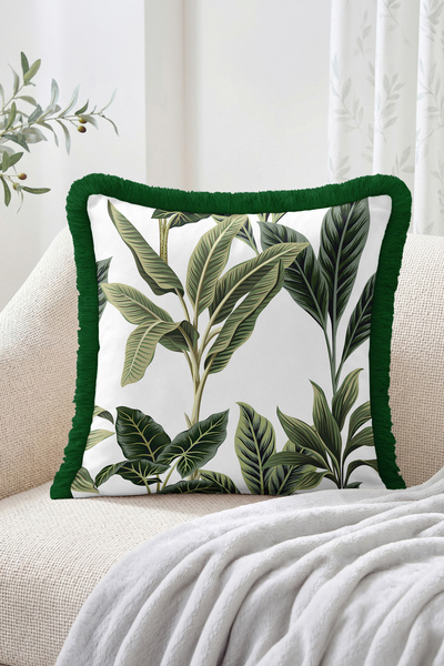 Realhomes Tropical Leaf and Botanical Pattern Throw Pillow Cover with Fringe ...