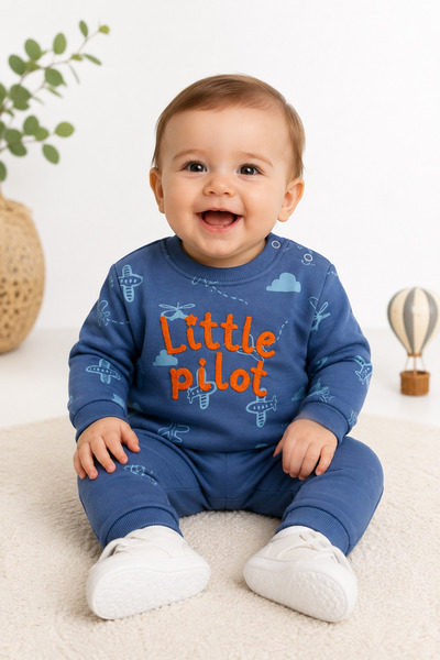 Mou&Kou Punch Embroidered Small Airplane Patterned Baby 2-Piece Set – Sweatsh...