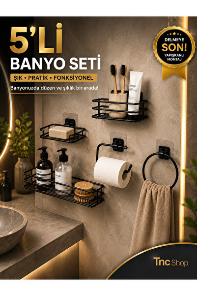 tnc tel ve metal ürünleri TncShop 5'li Premium Yapışkanlı Banyo Seti Siyah | ...