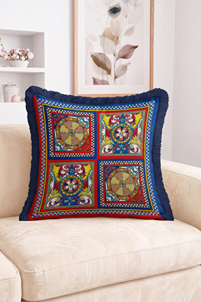 Realhomes Tile Motif Medallion and Floral Pattern Patchwork Fringed Throw Pil...