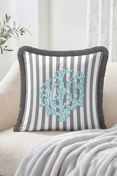 Realhomes Modern Fringed Throw Pillow Cover with Sea Coral Figures and Stripe...
