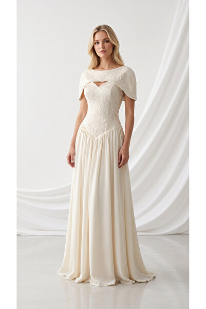 holie dress TAŞ-PAYET İŞLEMELİ DANTEL PELERİN YAKA UZUN ABİYE ELBİSE BAĞCIKLI...