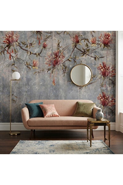 DecorDrive Beton Zemin Üzerinde Vintage Çiçekler ve Kuşlar Duvar Kağıdı