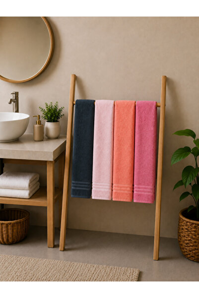 İQON Set of 4 100% Cotton Bath Towels Navy Blue - Dusty Pink - Orange - Pink ...