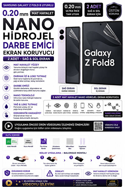 Astakos Samsung Galaxy Z Fold 8 Uyumlu Mat Gizli Hayalet Leke Tutmaz Nano Hidrojel Darbe Emici Sağ Sol 2 Adet Ekran Koruyucu TPU Film