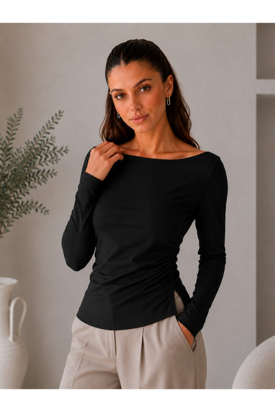 Sortie Women's Side Gathered Long Asymmetrical Slit Blouse Black