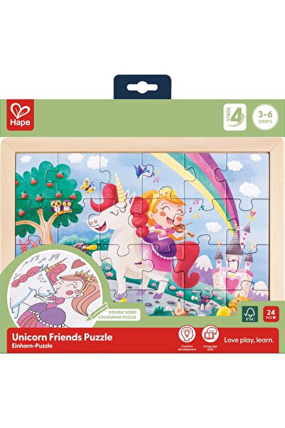 Hape Puzzle din lemn, Hape, Unicorn si prieteni, 24 piese