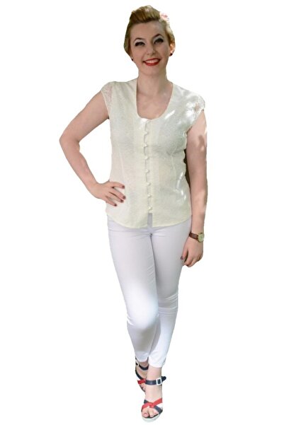 OEM Camasa eleganta cu dantela, fara guler, maneca scurta, bej