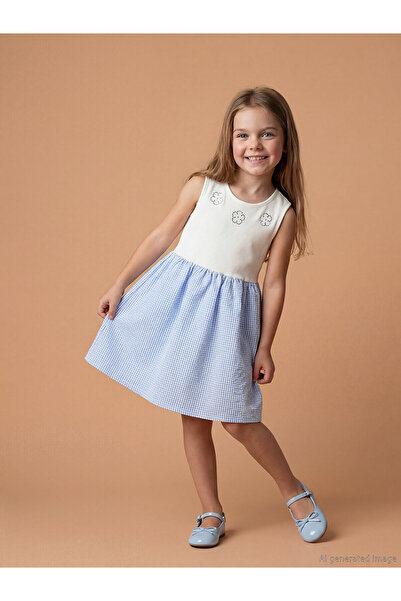 LC Waikiki Trendlucky Girls' Dress with Oval Collar and Difference in Color