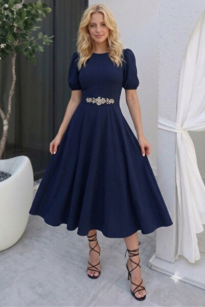 Aysan Moda Lacivert Karpuz Kollu Midi Boy Elbise