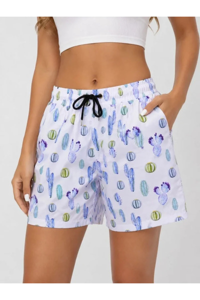 Veraura Lifestyle Swim Shorts with Cactus Pattern, Pockets, Lace-Up, Mesh Lin...