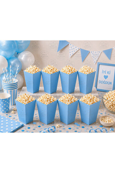 Parti Dükkanı Popcorn Box Blue 8-Piece Corn Box Popcorn Box Snack Box Chips B...