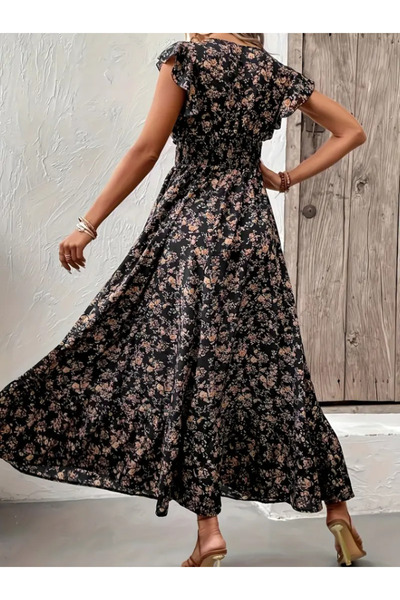 oniks store Women Short Sleeve Double Breasted Lapel Elastic Waist Floral Pri...