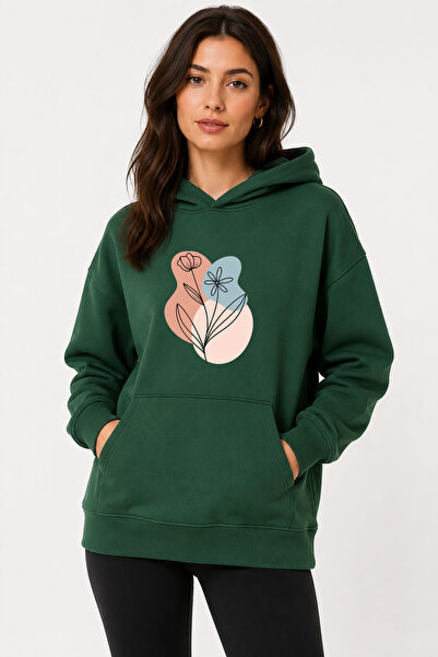 herkesemoda Floral Printed Hooded 2 Thread Threaded Sweatshirt