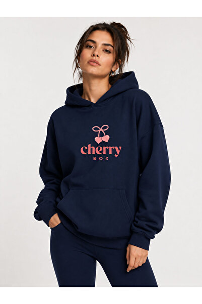 herkesemoda Cherry Printed Hooded 2 Thread Threaded Sweatshirt