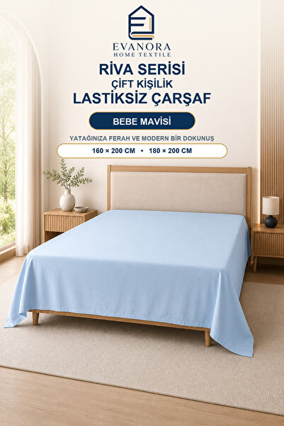 evonora Cearșaf plat elastic dublu, fără elastic, din seria Riva, albastru be...