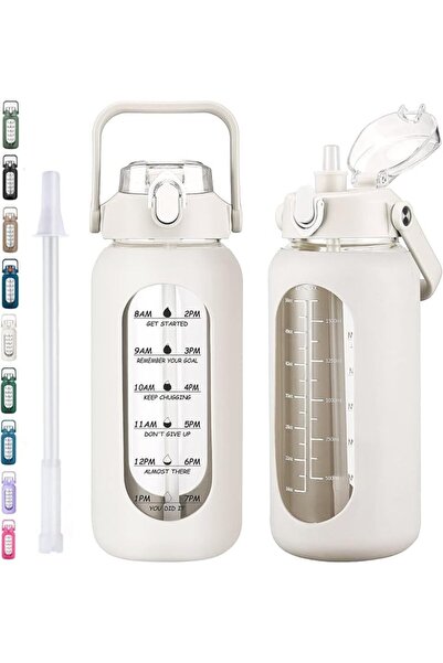 GENERAL 64oz Glass Water Bottles with Straw, Half Gallon Motivational Glass B...