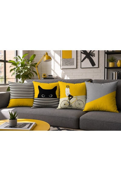 dekomingo Sarı Siyah Modern Tasarımlı 4 Kırlent Kılıfı (43x43 cm) Dekoratif K...