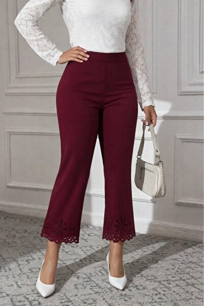 modi Women's High Waist Wide Leg Laser Flower Cut Detailed Imported Crepe Tro...