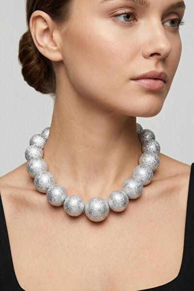 PETEK AKSESUAR Silvery Silver Color Large Ball Style Necklace