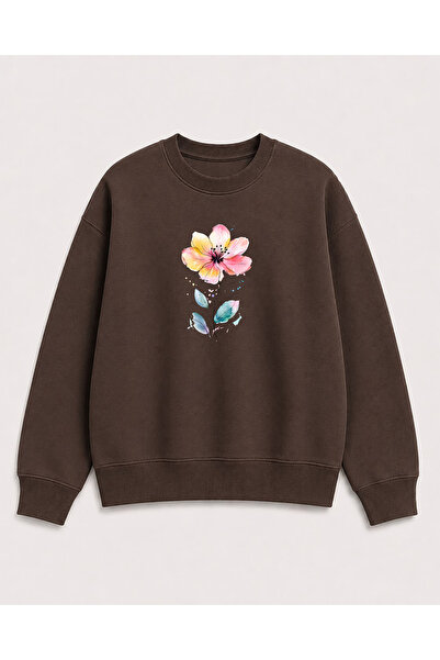 herkesemoda Floral Print Detailed Crew Neck Ribbed 2 Thread Sweatshirt