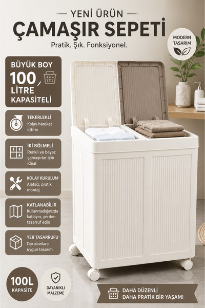 Mayaglory Büyük Boy 100 Lt. Tekerlekli Çamaşır Sepeti İki Bölmeli Katlanabili...
