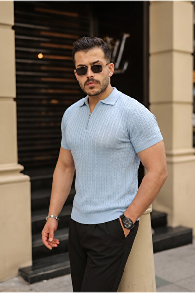 pazarella Men's Knitted Pattern Zipper Collar Knitwear T-Shirt