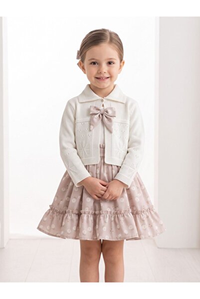 Cherrys Bebek Girl's Bow Detailed Floral Patterned Dress and Cardigan Set