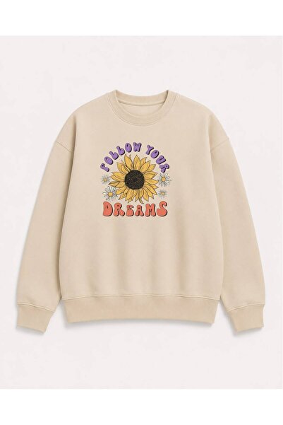 herkesemoda Sunflower Printed 2 Thread Threaded Crew Neck Sweatshirt