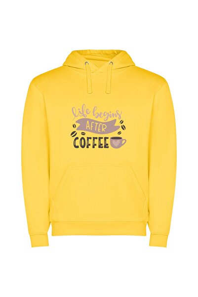 iLovePrints Coffee: Life's Morning Fuel Φούτερ με κουκούλα σε χρώμα Κίτρινο