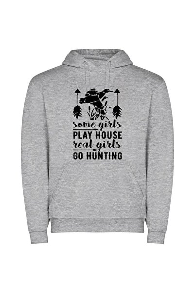 iLovePrints Genuine Girls Go Hunting Φούτερ με κουκούλα σε χρώμα Γκρι