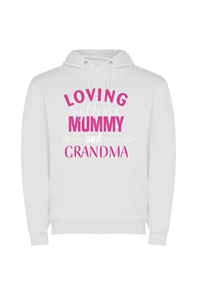 iLovePrints Forever Grandma, Happy Life Φούτερ με κουκούλα σε χρώμα Λευκό