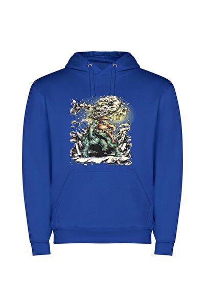 iLovePrints Dinosaur Dreaming: Vibrant Tattoo Φούτερ με κουκούλα σε χρώμα Μπλε