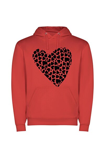 iLovePrints Hearts Unleashed: Black & White Φούτερ με κουκούλα σε χρώμα Κόκκινο